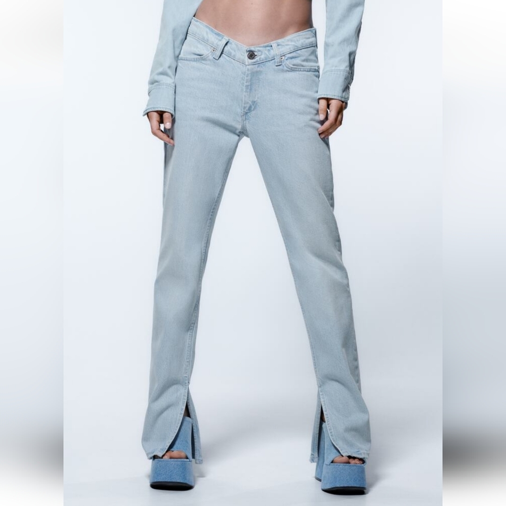 Zara blogger split slit hem slim jeans blue